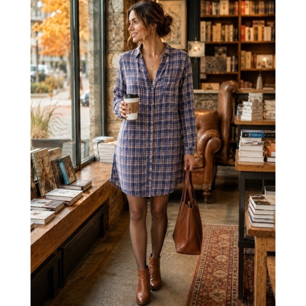NWT CP Shades Quinn Plaid 100% Cotton Flannel Tunic Shirt Dress XS Flaw